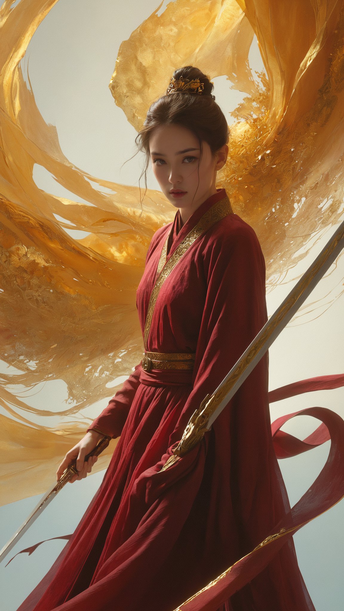 ultra high resolution,(((masterpiece))),(((best quality))),((super detailed)),((extremely delicate and beautiful)),cinematic light,detailed environment,(real),(1girl, solo, male focus:1.3),(holding sword:1.2),(dark red and light gold:1.3),(hair pulled back, floating hair:1.1),designed by greg manchess,smoke,a model woman,bright eyes,glossy lips,futuristic gold face war paint,trending on art station,photoreal,8 k,octane render by greg rutkowski,art by Carne Griffiths and Wadim Kashin,in the style of Dau-al-Set,Pollock,and inspired by MAPPA and Zdzislaw Beksinski,hanfu,