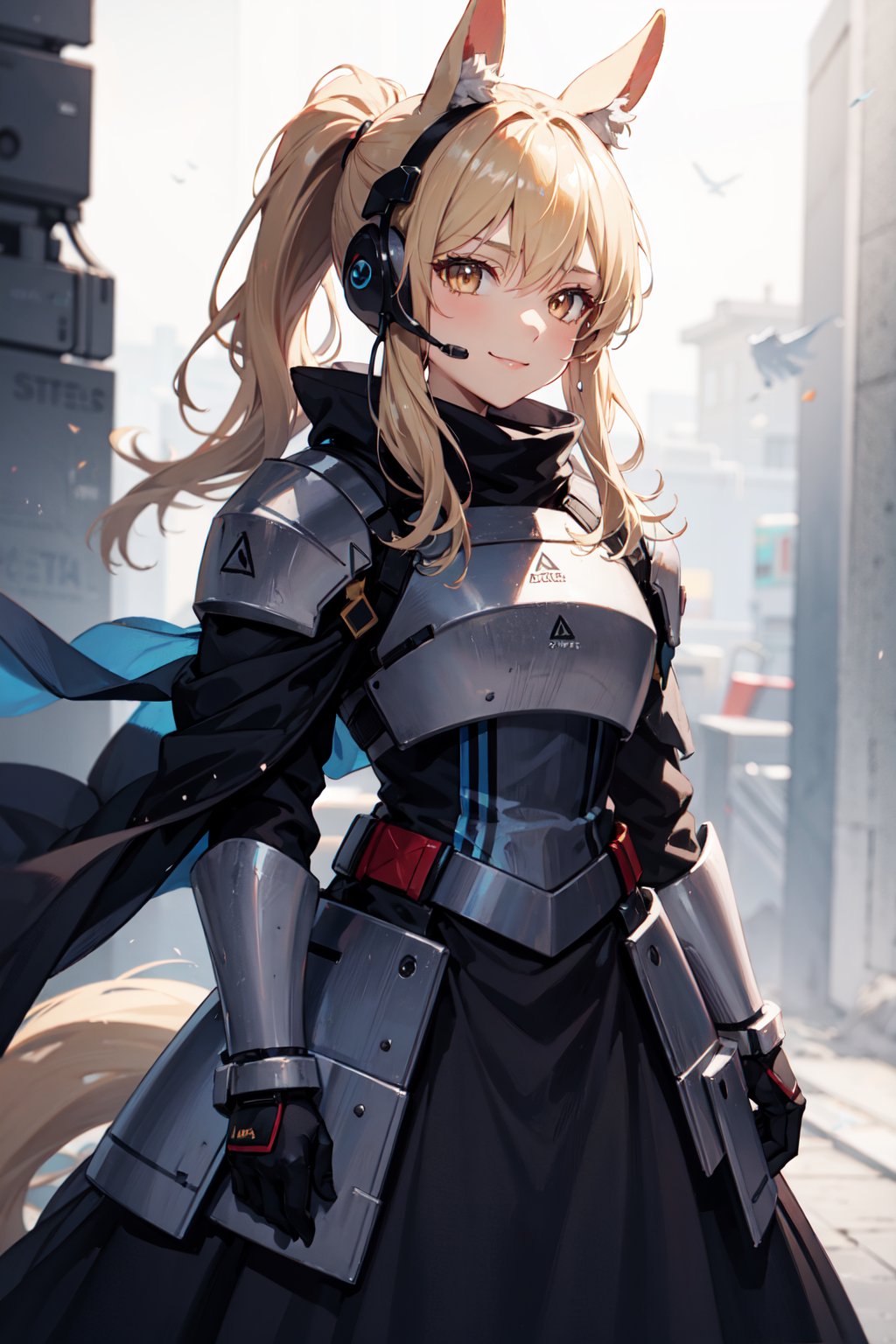 nearl, 1girl, solo, blonde hair, yellow eyes, animal ears, horse ears, horse girl, shoulder armor, ponytail, black dress, breastplate, headset, standing,  <lora:nearltry-05:1> facing viewer, smile, standing, 