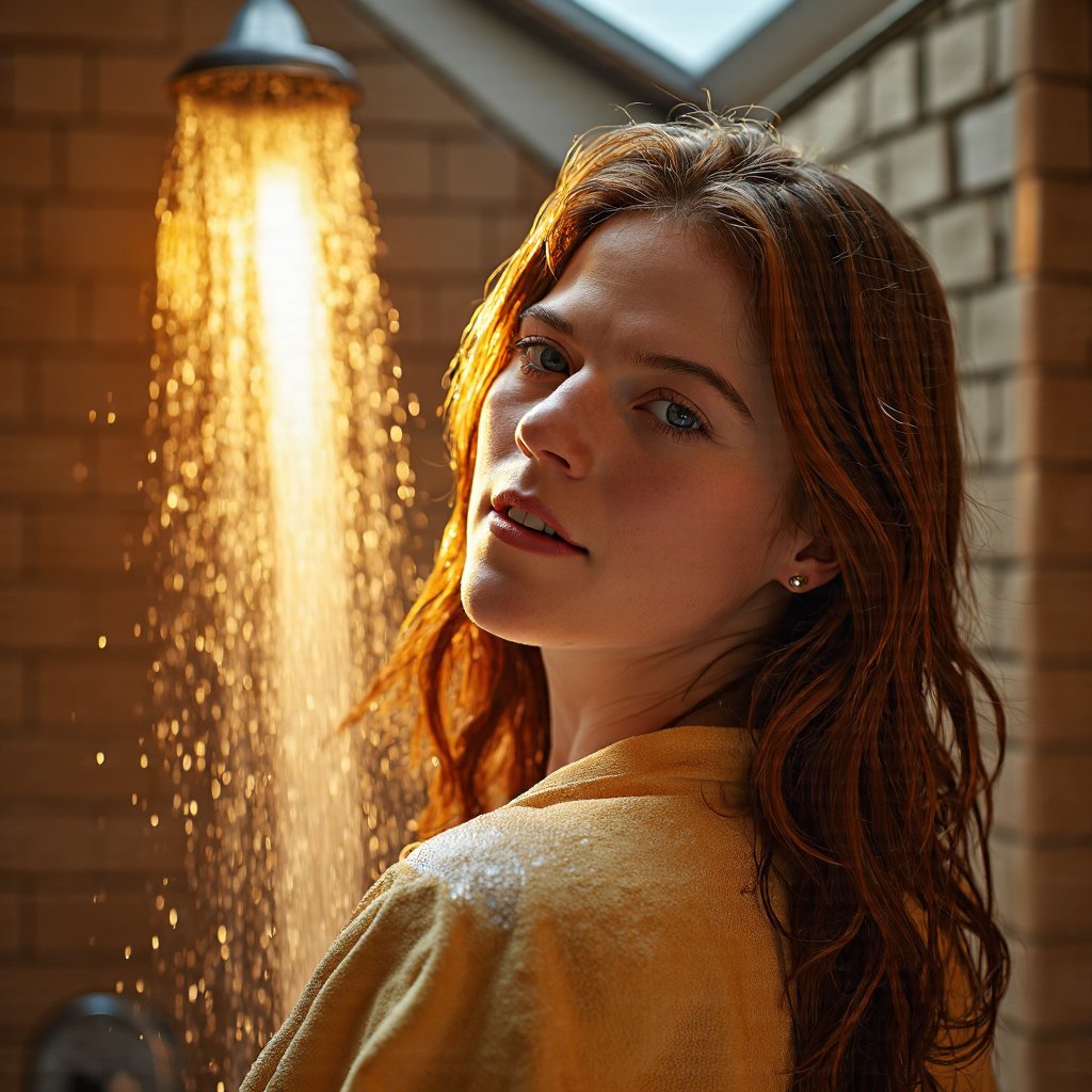 A portrait of rose_leslie standing in front of a shower, captured in a side profile. Water droplets cascade down her back, creating a misty effect. The woman is looking at the viewer with a gentle smile. A golden beam of light illuminates her face gently from a skylight. Her hair is wet, and she wears a golden bathrobe. Steamy air wafts around her. The background is a textured brick wall, and the shower head is silver. The color palette consists of neutral tones, with the woman's skin and hair contrasting against the warm hues of the shower.