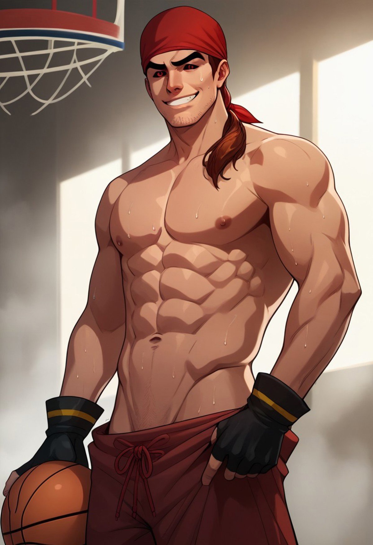 Dsk_Remy_Lebeau, 1boy, abs, auburn hair, ball, bandana,  basketball, black gloves, black sclera, colored sclera, facial hair, fingerless gloves, gloves, grin, looking at viewer, male focus, navel, nipples, pectorals, ponytail, red eyes, smile, solo, stubble, sweat, thick eyebrows, topless male, towel, pants, extreme light and shadow, cinematic lighting, cinematic angle, score_9, score_8_up, score_7_up, score_6_up, score_5_up, score_4_up,