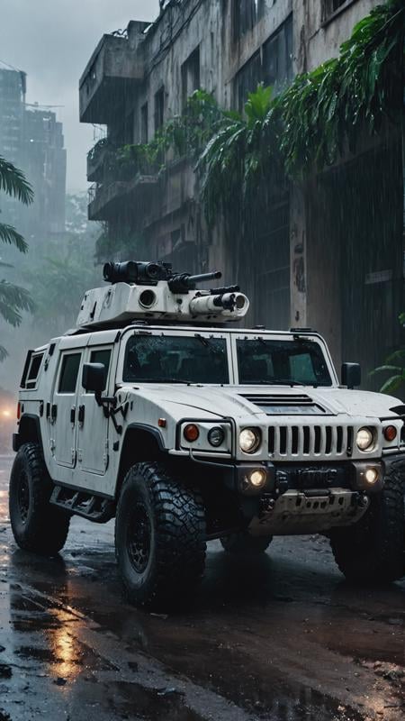 photo an white humvee, military style, (gun turret:1.4) on body, decal, front 3/4 view, chrome, black wheels, brightly lit headlights, spotlights, concept, jungle, rain, intricate sky, destroyed city on background, post-apocalyptic, ultra realistic photography, ISO 50, 4k, <lora:add-detail-xl:1>