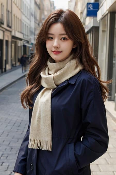 1girl, realistic, ((Masterpiece, best quality,edgQuality)), smug,smirk, edgADC_fashion, a woman with a scarf on is walking down the street ,wearing edgADC, <lbm=FACES>