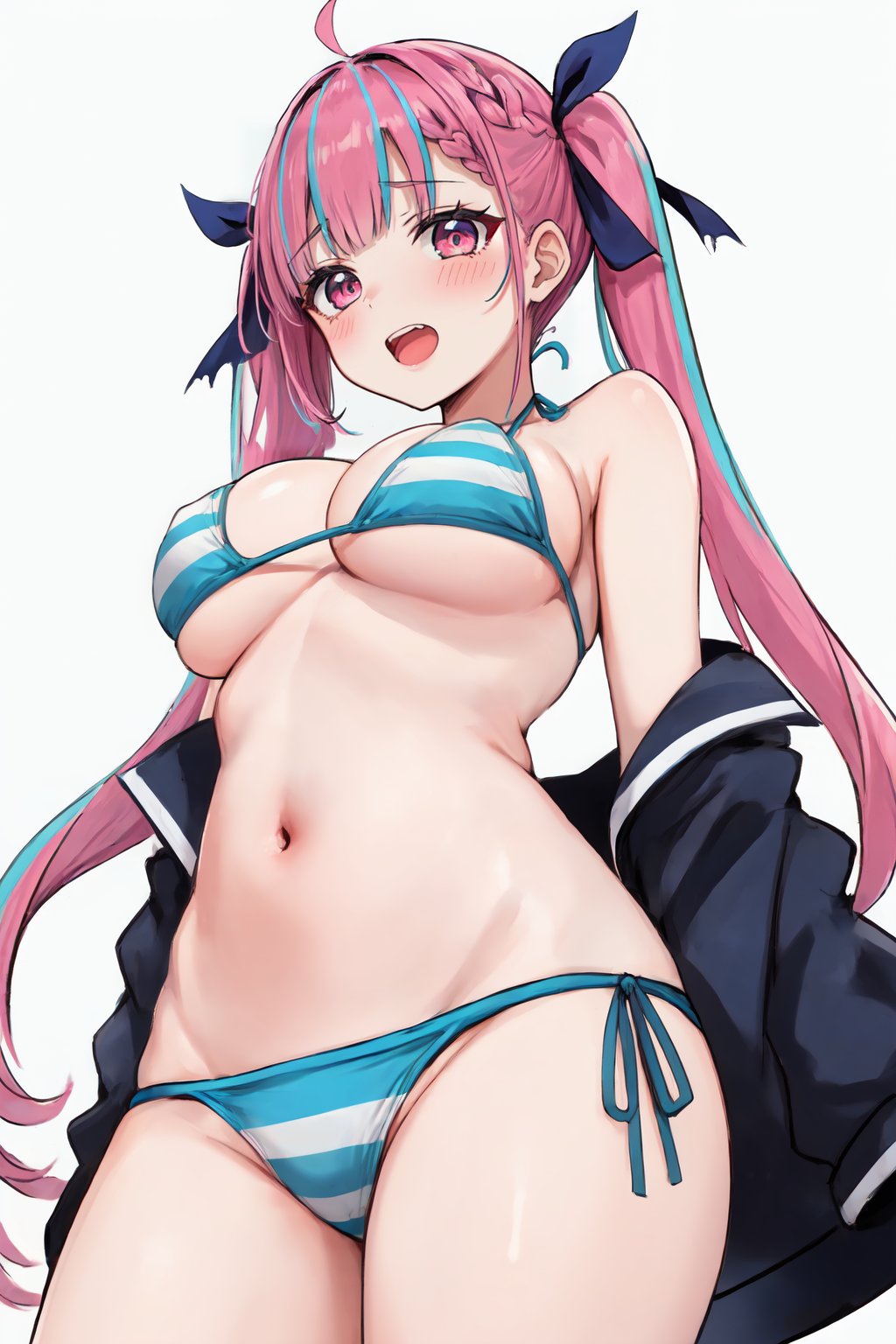 1girl, minato aqua, minato aqua \(hololive summer 2019\), , hololive, bikini, blue bikini, blue hair, blush, braid, breasts, cowboy shot, from below, hair ribbon, large breasts, long hair, looking at viewer, multicolored hair, navel, open mouth, pink eyes, pink hair, ribbon, solo, striped, striped bikini, swimsuit, torn bikini, torn clothes, twintails, two-tone hair, virtual youtuber, white background, 