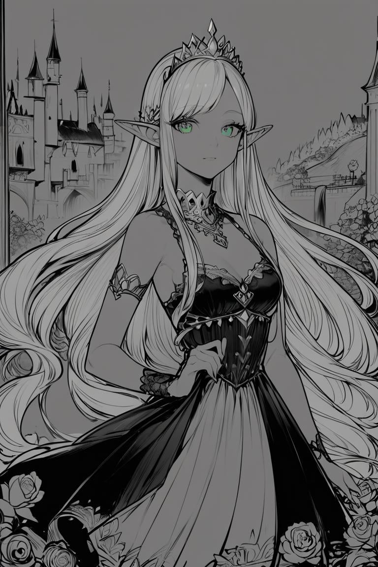 score_9, score_8_up, score_7_up, rating_safe, lineart, flat color, monochrome, greyscale, 1girl, solo, elf, pointy ears, breasts, long hair, very long hair, white hair, green eyes, portrait, looking at viewer, black dress, tiara, silver tiara, holding, holding flower, rose, red rose, necklace, jewelry, cowboy shot, standing, outdoors, castle <lora:LineArt Mono Style LoRA_Pony XL v6:1>