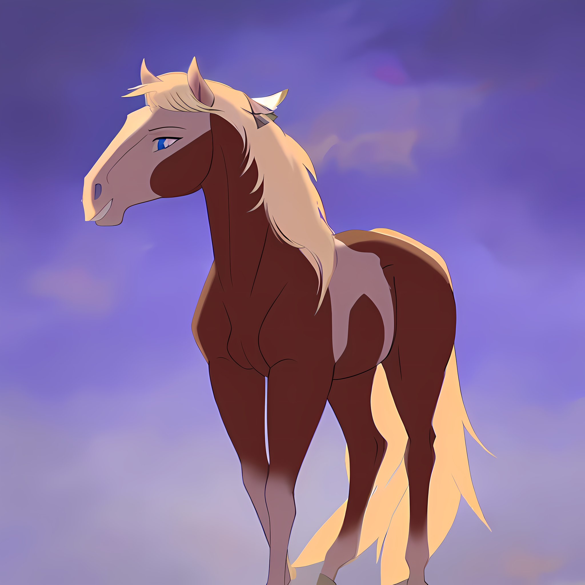 1horse, sorrel tovero paint horse with a roman nose, a pale blonde mane and tail, and crystal blue eyes, with eagle feather in her mane, (best quality, masterpiece), (one color background), (dark background), (((fur))), (flat background),  <lora:rain_from_spirit2002:1>, full body, ((mane on the one side))