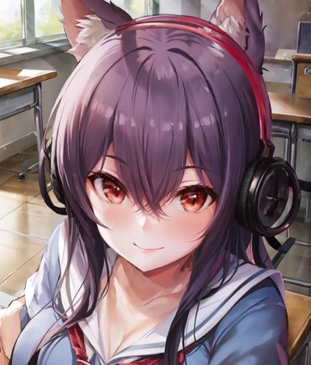 1girl, school uniform, looking at viewer, medium breasts, solo, smile, animal ears,red eyes, classroom, chair, indoor, portrait, <lora:ashigara:0.7>