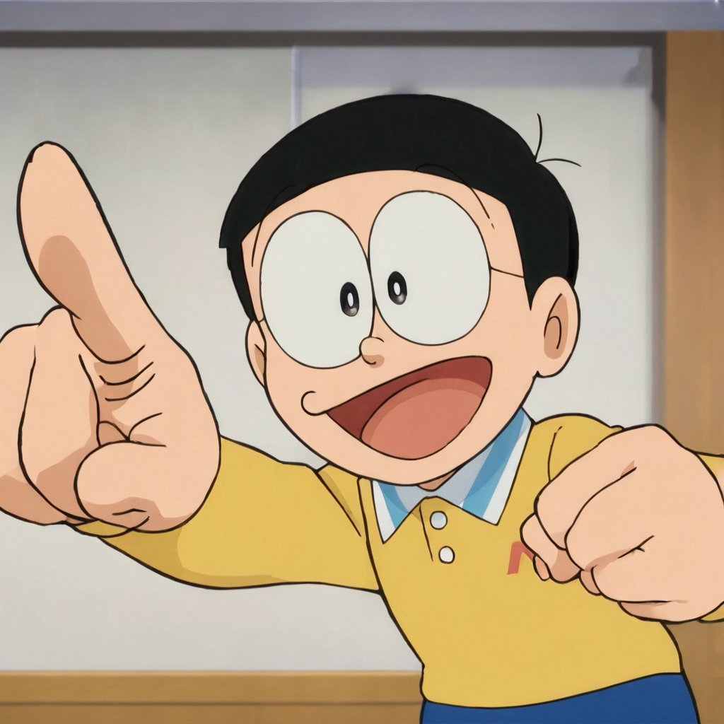 nobi nobita, nobi nobita, 1boy, male focus, solo, yellow shirt, blue pants, pointing, black hair, pointing at viewer, open mouth, smile, classroom, black eyes, indoors, looking at viewer, masterpiece, best quality, <lora:nobi nobita aam:1>