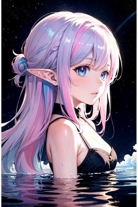 (masterpiece, top quality, best quality,watercolor (medium),official art, beautiful and aesthetic:1.2),(1girl:1.3), (fractal art:1.3),upper body, from side, looking at viewer,patterns,(rainbow color Hair,colorful hair,half blue and half pink hair:1.2),(elf ears:1.2),water,liquid, cloud,colorful, starry,stars,