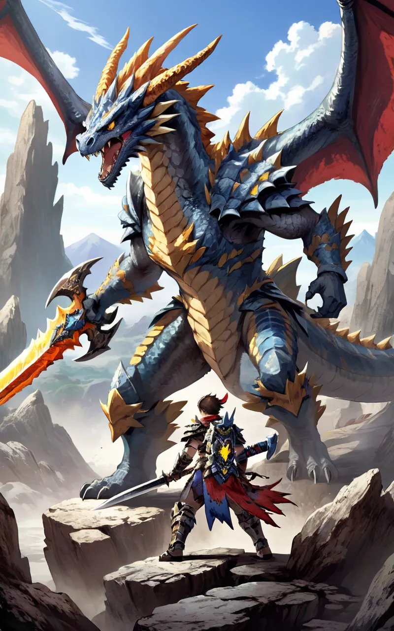 Illustration of a fierce and determined Monster Hunter wielding a colossal sword, wearing intricately designed armor adorned with trophies from defeated beasts, standing triumphantly on a rocky terrain with a menacing dragon looming in the background, capturing the adrenaline-filled fantasy world of Monster Hunter