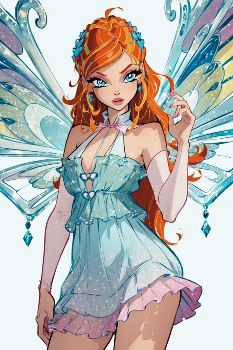 (Bloom:1.5), (blue gradient dress:1.2), fairy wings, orange hair, blue eyes, sparkling outfit, (white background, solid white background:1.5), (realistic:1.2), (masterpiece:1.2), (full-body-shot:1),(Cowboy-shot:1.2), neon lighting, dark romantic lighting, (highly detailed:1.2),(detailed face:1.2), (gradients), colorful, detailed eyes,, (natural lighting:1.2), solo  <lora:WinxClubEnchantixBloom-10:0.9> <lora:add_detail:0.3> <lora:BeautifulEyes:0.6> <lora:WinxComiss_Style-15:0.1>