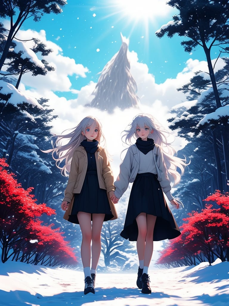 (1girl:0.6),thin,very long hair,white hair,small breasts,blue eyes,closed mouth,(black scarf),white coat,black skirt,socks,happy,couldly,sky,snow,mountain,pine tree,plum blossom,(red-crowned crane),(Chinese style building),masterpiece,best quality,official art,extremely detailed CG unity 8k wallpaper,cozy anime,backlight, mahiro, [(white background:1.5):5], (wide shot:0.95), Dynamic angle, fanxing, (full body), cozy anime, white pantyhose