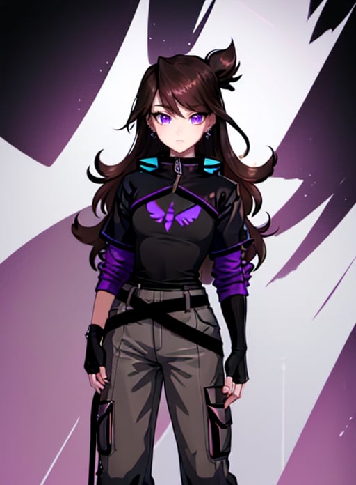 best quality, (masterpiece),(ultra-detailed), (high quality), (high resolution), <lora:jaidenvt-10:0.7> ,long hair , brown hair, purple eyes, earrings, piercing, bangs,jaiden, jewelry, jacket, pants, belt, black gloves, gloves, fingerless gloves