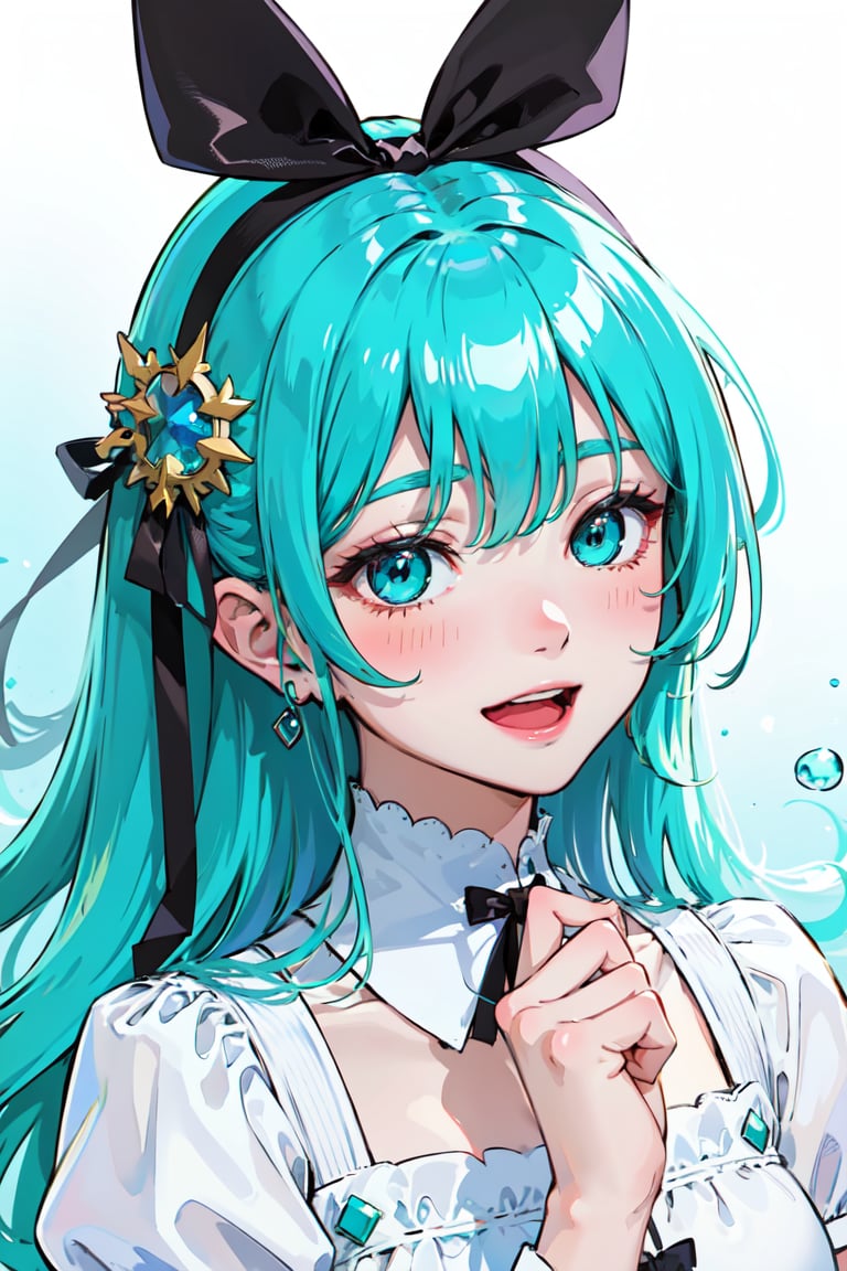 best quality, high resolution, distinct image, detailed, finely detailed beautiful eyes and detailed face, 1girl, white dress, hair ribbon, smile, (green to hair), long hair, bubble, aqua eyes, blush, :d, jewelry, colored inner hair, black ribbon