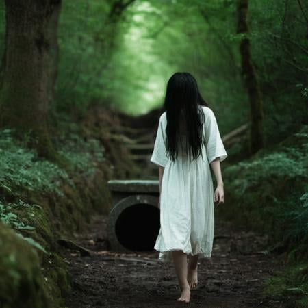 cinematic film still of  <lora:Kayako Saeki Sadako Yamamura:1>Sadako Yamamura a woman with her hair covering her face in a white dress walking through a forest with a pit well in background,1girl,solo,long hair,black hair,dress,standing,outdoors,barefoot,from behind,white dress,tree,nature,dark,horror (theme),dirty feet,yamamura sadako , pale skin, supernatural, horror film, Japanese, extreme rage, sorrow, cinematic, film, movie, movie still, Ju-On The Grudge movie style, shallow depth of field, vignette, highly detailed, high budget, bokeh, cinemascope, moody, epic, gorgeous, film grain, grainy