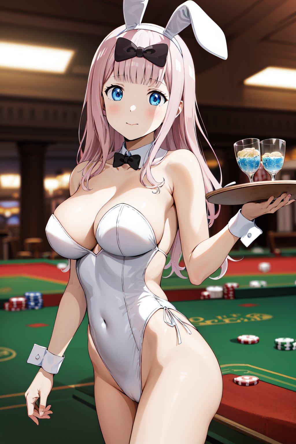 masterpiece, best quality, highres, aachika, long hair, hair bow, <lora:fujiwara_chika_v2:0.7>, playboy bunny, strapless, leotard, holding tray, indoors, casino,