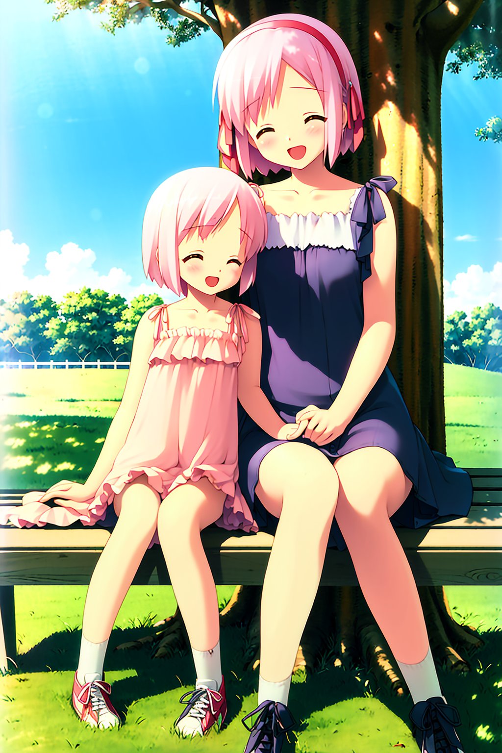 ((masterpiece, high quality, best quality)),2girls, mother and daughter, bench, childe, closed eyes, pink hair, short hair, brown hair, long hair, hairband, tree, day, dress, dappled sunlight, blush, outdoors, happy, sitting, smile,<lora:gayaro-style_v1.1:1.0>