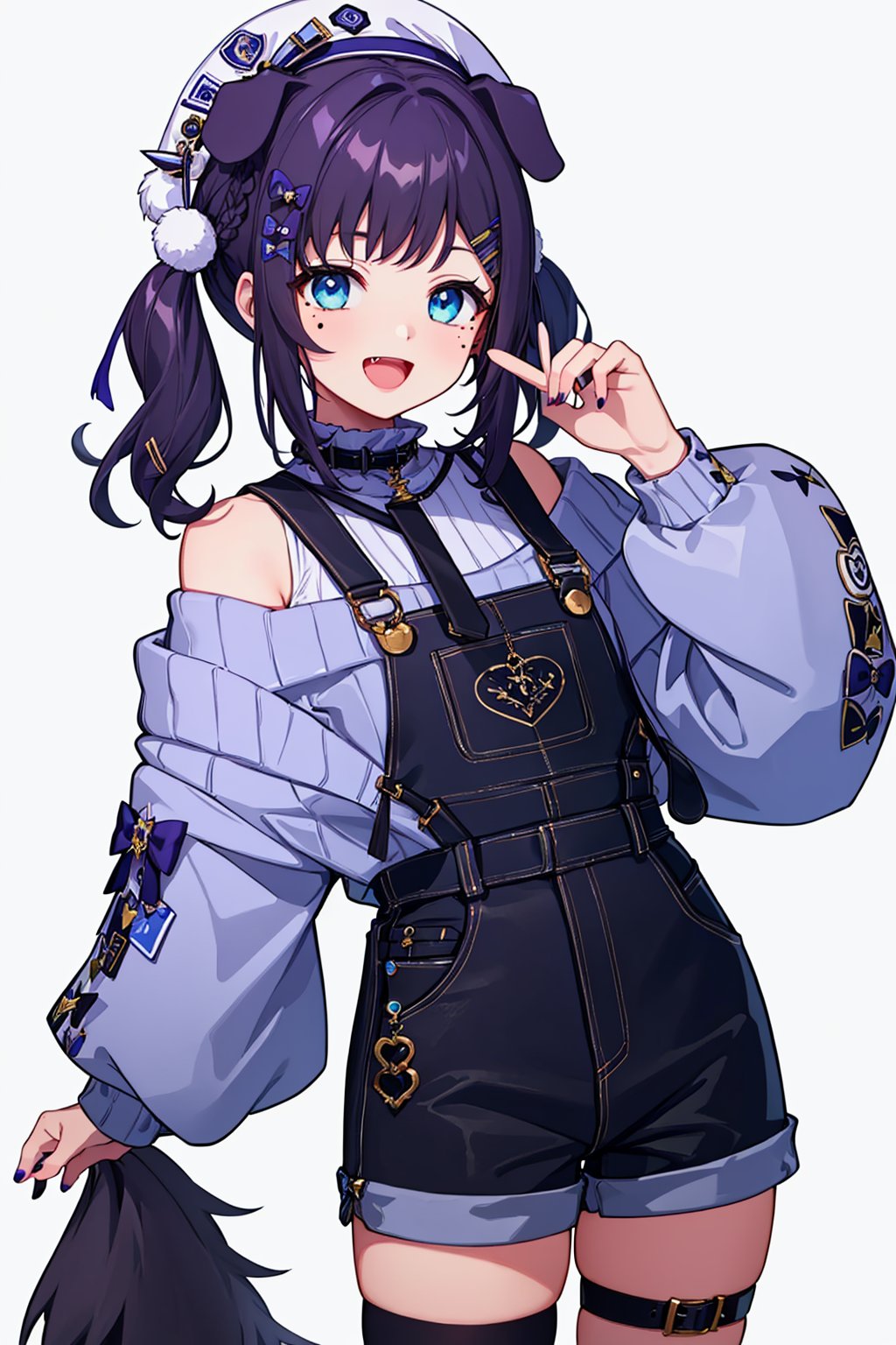 masterpiece,best quality, highly detailed, aiba uiha,1girl, solo, virtual youtuber, dog tail, smile, mole under eye, sweater, white headwear, open mouth, twintails, dog girl, claw pose, blue nails, shorts, white background, looking at viewer, thigh strap, fang, bow, beret, collar, hairclip, long sleeves, off shoulder, overalls, star hair ornament, fur trim, nail polish, purple nails, teddy bear, braid,<lora:aiba_uiha:1>