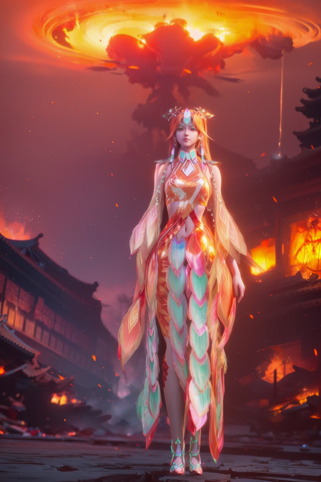 cangyuan,qiyue,hanfu,full body,1girl,solo,<lora:qiyue_v3:1>,<lora:add_detail:0.5>,beautiful detailed glow,((flames of war)),(((nuclear explosion behide))),