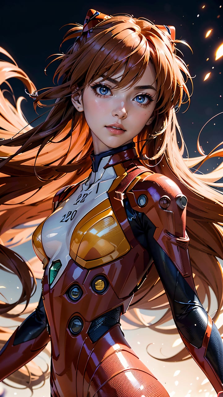 (best quality, masterpiece, colorful, dynamic angle, highest detailed)(Asuka Langley), upper body shot, fashion photography of cute, intense long hair, (Asuka Langley), dressing high detailed Evangelion red suit in dynamic pose, bokeh, light passing through hair, (abstract background:1.3), (official art)