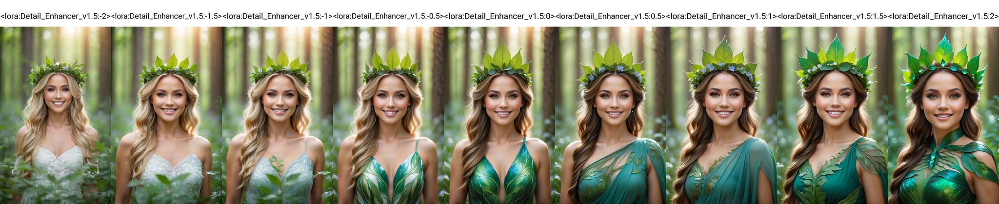 (best quality, 4k, 8k, highres, masterpiece:1.2), ultra-detailed, (realistic, photorealistic, photo-realistic:1.37), nature goddess, leaf body, portrait, cute smile, greenery, wildflowers, breathtaking eyes, serene expression, graceful pose, ethereal beauty, luminous skin, flowing hair, elegant crown of leaves, soft natural light, vibrant colors, mythical essence, surreal atmosphere, dreamlike aura, harmonious connection with nature, enchanted forest<lora:Detail_Enhancer_v1.5:-2>