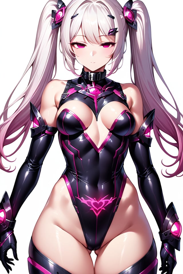 illustration,extremely detailed,highly detailed,best quality,masterpiece,highres,semi-realistic,portraits,anime,cowboy shot, 1gril,solo,perfect female body,perfect anatomy,medium breasts,half-closed eyes,pink eyes,no pupils,empty eyes,twintails,tri tails,white hair,wide hips,thick thighs,thigh gap,big butt,fat mons,glowing pubic tattoo,hair ornament,headdress,collar,expressionless,closed mouth,boots,standing,looking at viewer,arms at sides,,white background, <lora:Corruptionv2.1XL:0.7>