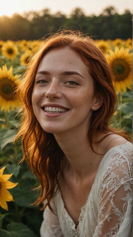 Hyperrealistic photograph of a woman with freckles and auburn hair, laughing in a field of sunflowers, golden hour lighting, bokeh, Canon EOS R5, 50mm lens. (masterpiece, award winning artwork)many details, extreme detailed, full of details,Wide range of colors, high Dynamic <lora:add-detail-xl:1> <lora:WildcardX-XL-Detail-Enhancer:0.9> <lora:zavy-cntrst-sdxl:0.045> dark, chiaroscuro, low-key <lora:RMSDXL_Creative:0.124>  <lora:SDXLFaeTastic2400:0.085>