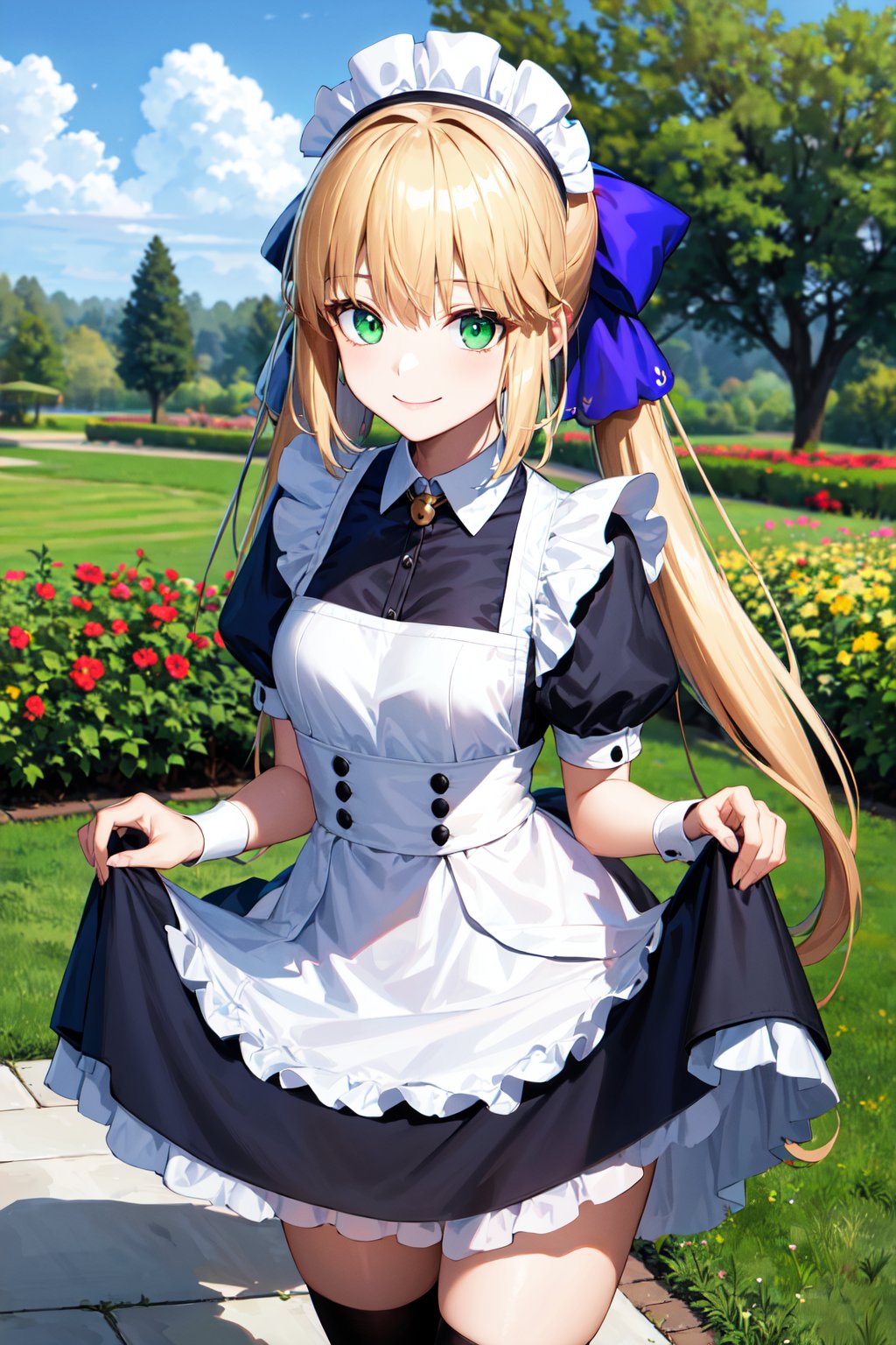 masterpiece, best quality, highres, bbcaster, long hair, twintails, ahoge, hair bow, green eyes, <lora:artoria_caster_(caster)_v1:0.7>, maid, maid headdress, skirt hold, garden, smile