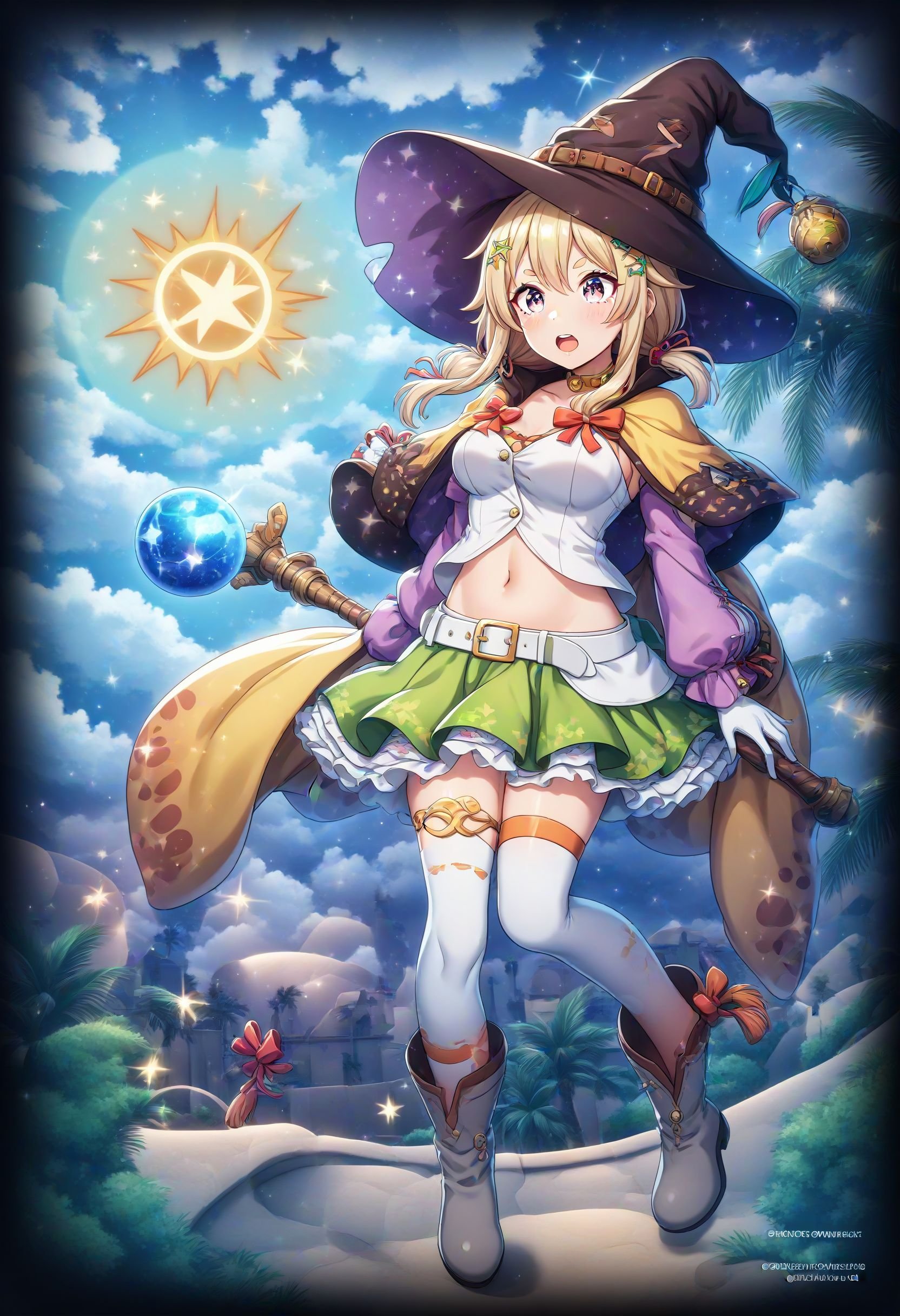 1girl,    haniwa ornament, hat, eyelashes, blue sky, looking afar, gloves, yellow choker, upper teeth only, boots, staff, thighhighs, teeth, full body, hair between eyes, thighlet, fantasy, purple sleeves, sky, looking ahead, thigh strap, holding orb, long bangs, grey footwear, witch hat, parted lips, tree, belt, choker, medium breasts, grey hair, white thighhighs, skirt, sparkle print, wizard hat, long sleeves, white gloves, rooftop, hat feather, tassel, white belt, layered skirt, yellow hat, purple eyes, floating object, magic, midriff, light blush, ankle boots, standing, arm at side, navel, green skirt, twitter username, cloud, collar, short eyebrows, solo, ribbon-trimmed skirt, sparkle, black border, strapless, black ribbon, copyright notice, orb, ribbon-trimmed vest, belt boots, sidelocks, miniskirt, cape, collarbone, ribbon, sideways glance, ribbon trim, star hair ornament, palm tree, low twintails, footwear ribbon, print headwear, holding staff, two-tone headwear, white sleeves, hair ribbon, cloudy sky, short bangs, outside border, standing on one leg, arm strap, blonde hair, starry background, twintails, logo, arthrop kirara beatrtu \(cosplay\), white vest, yellow cape, boheborrowning california illusion \(slovuck\), tube gloves, star \(symbol\), sleeves pastelbow mini, border, fence, holding, cloud print capelet, cosplay button, hair ornament, elbow, blue background, buckle, gyaru, breasts, red bow, short hair, orange ribbon, vest, zetta stomach cutout, white bow, brown belt, hand updo, gold brace, footwear, looking down, single horizontal stripe bow, red bag, sun symbol in eye, sun symbol, black bag, masterpiece, best quality, absurdres, safe