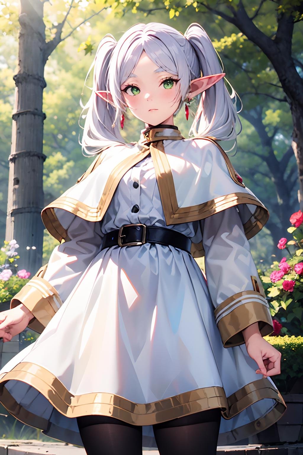 <lora:jingling_009:0.9>,wallpaper,huge filesize,super high resolution,best quality,Photos,4k,ingling,1girl,solo,pointy ears,twintails,green eyes,outdoors,long hair,jewelry,earrings,tree,long sleeves,looking at viewer,belt,parted bangs,elf,bangs,capelet,day,closed mouth,striped,dress,white hair,white dress,standing,white capelet,shirt,nature,