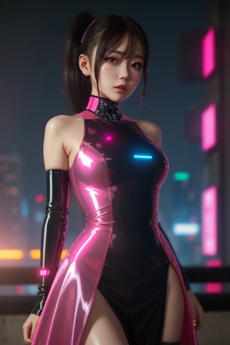 girl as robot ,break, pink long dress ,break low ponytail, latex, solo, detailed face, looking at viewer, cowboy shot, upper body, city, cyberpunk, mechanical, night, dark, light rays, (masterpiece:1.2, best quality) <lora:tangbohu_blurbg_v2:2>