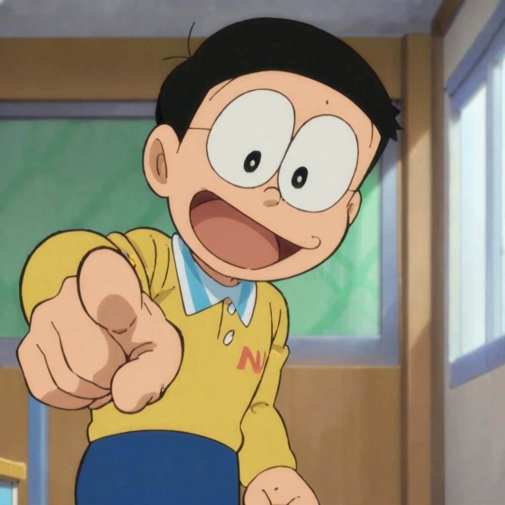 nobi nobita, nobi nobita, 1boy, male focus, solo, yellow shirt, blue pants, pointing, black hair, pointing at viewer, open mouth, smile, classroom, black eyes, indoors, looking at viewer, masterpiece, best quality,<lora:minamoto shizuka and nobita anim:1>