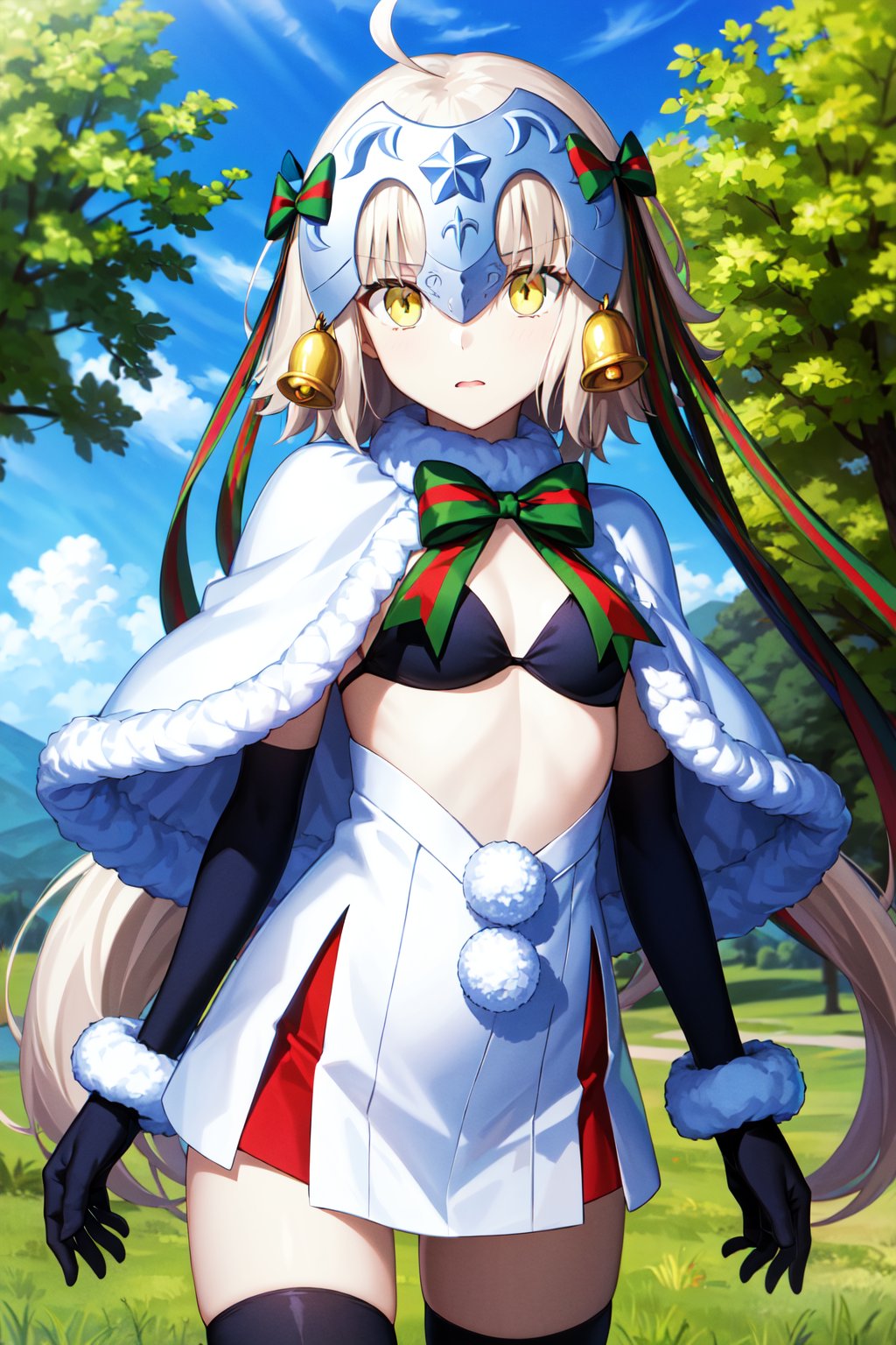 masterpiece, best quality, highres, aasl, long hair, ahoge, headpiece, bell, hair ribbon, small breasts, white capelet, striped bow, fur trim, bikini top only, black bikini, elbow gloves, black gloves, white skirt, pom pom (clothes), black thighhighs, <lora:jeanne_d'arc_alter_santa_lily_(fate)_v1:0.7>, standing, cowboy shot, outdoors