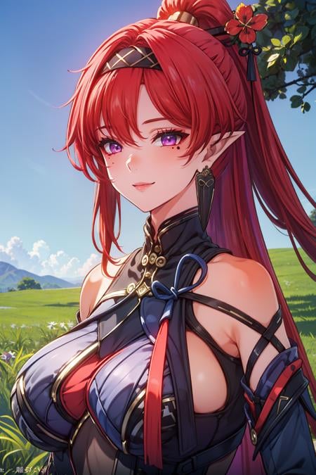 <lora:Wuthering Waves_YinLin V2.0:0.7>,Wuthering Waves_YinLin,mole under eye,very long hair,purple eyes,pointy ears,hair ornament,hairband,huge breasts,1girl,smile,sky,outdoors,bare shoulders,, 8k,best quality,masterpiece,rule of thirds,superb,high resolution,sharp focus,extremely detailed description,professional,gorgeous and intricate details,