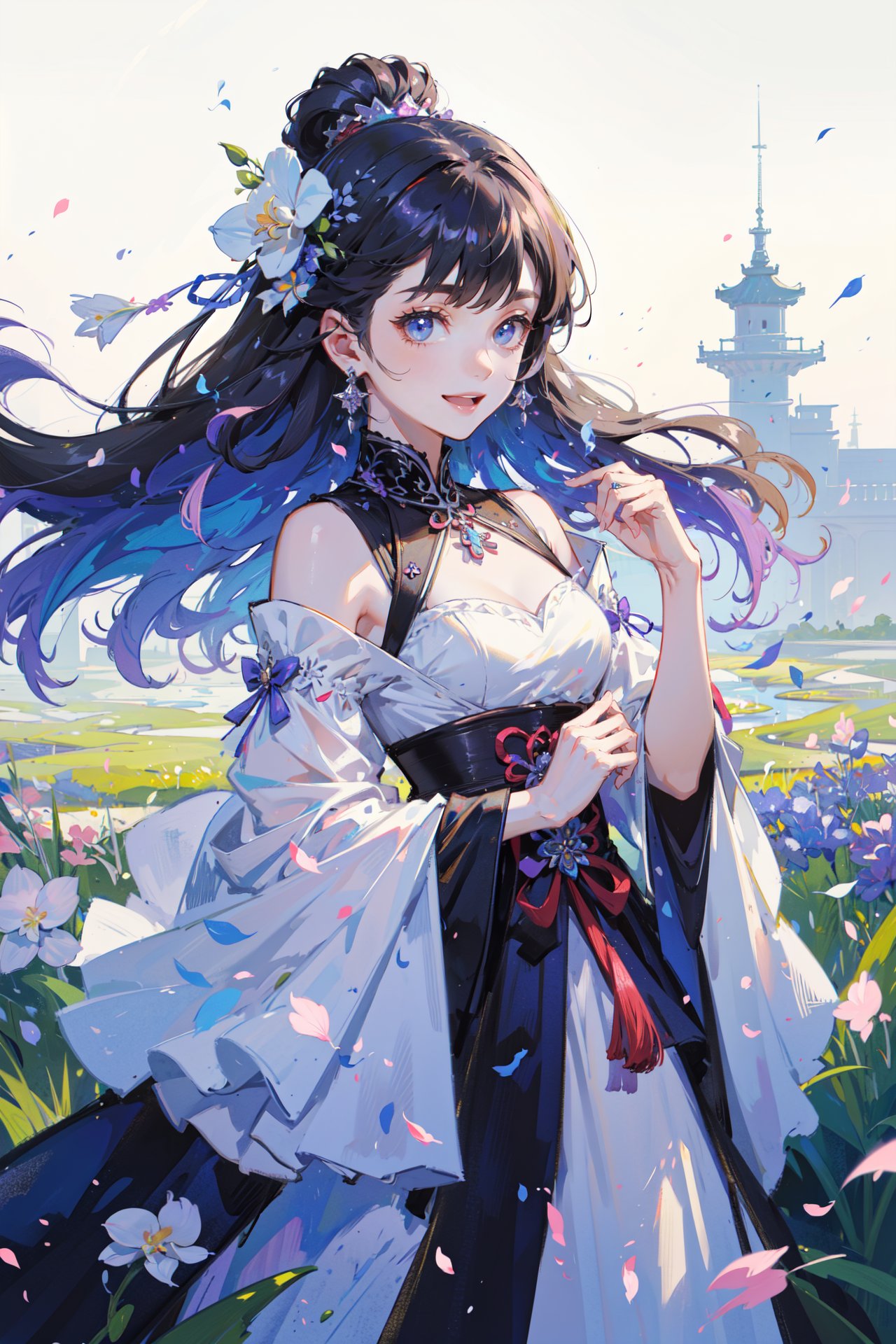 ((best quality, masterpiece, absurbres, super-resolution)), (kawaii, pop, cute:1.1), 1girl, solo,white orchid behind,field of  flowers ,puxian opera,blooming flowers, dan role,complex flower background, jewelry, hair_ornament, tassel,  smile,(high saturation),(colorful splashes),highly intricate details