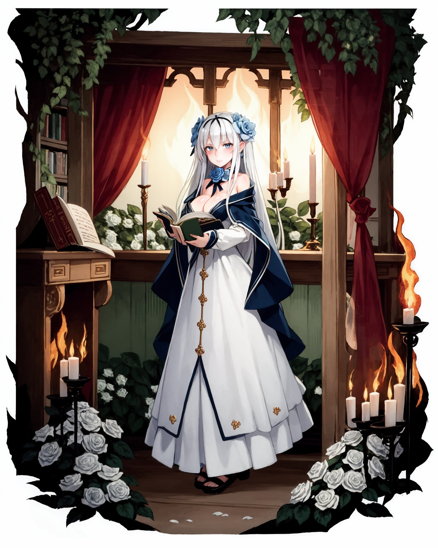 [(white background:1.5), ::2]1girl, solo, (isometric:0.75), 1girl, long hair, solo, blue eyes, dress, hair ornament, flower, book, hair flower, breasts, white dress, white flower, holding, open book, very long hair, holding book, long sleeves, white hair, white rose, cleavage, rose, bangs, indoors, medium breasts, fire, closed mouth, candle, standing, hair between eyes, capelet, blush, magic