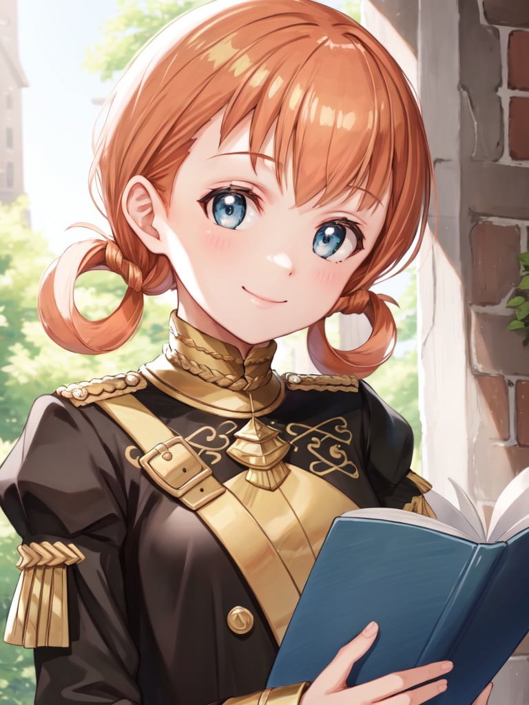 <lora:Annette_FE-10:0.8>, annette_student, 1girl, solo, looking at viewer, smile, holding, twintails, closed mouth, upper body, uniform, book, hair rings, holding book, garreg mach monastery uniform