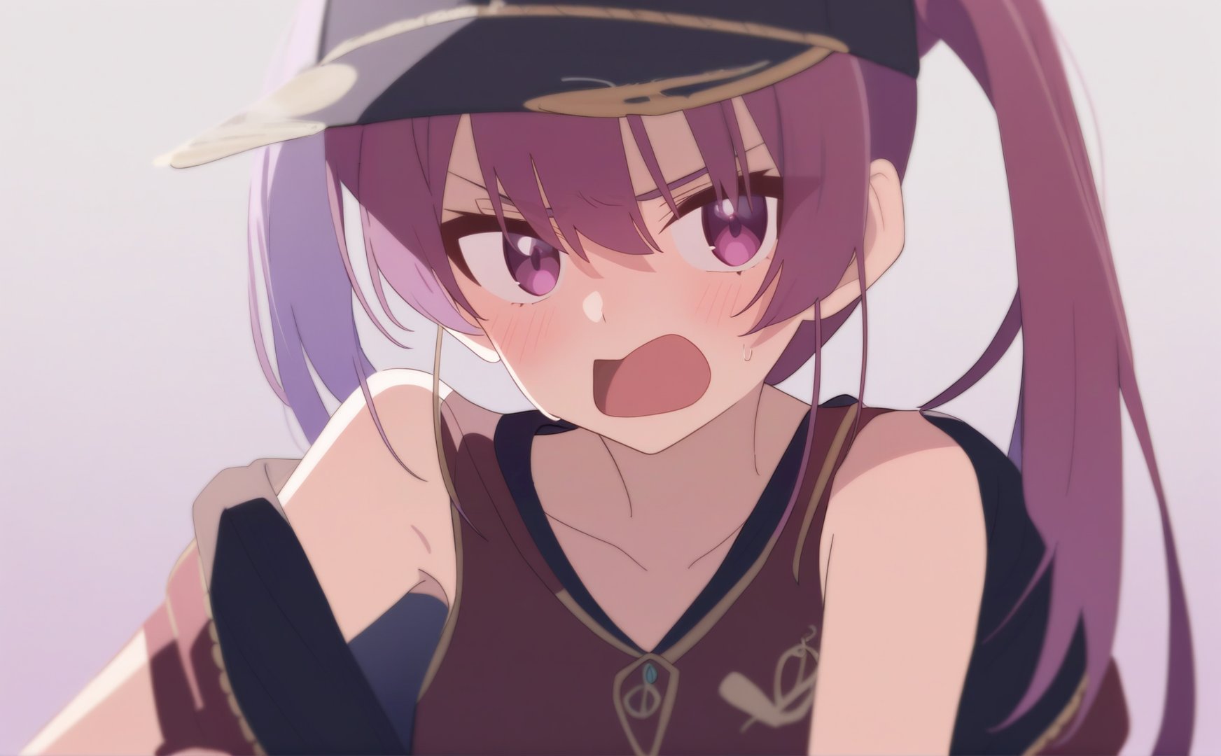 1girl,    solo, 1girl, houshou marine \(summer\), hololive, annoyed, crossed legs, arms at side, sky, airfieldmasterpiece, long hair, open mouth, hair between eyes, purple eyes, looking at viewer, hat, purple hair, white background, upper body, sugimori ken'ichirou, baseball cap, blush, pink background, simple background, best quality, highres, absurdres, safe