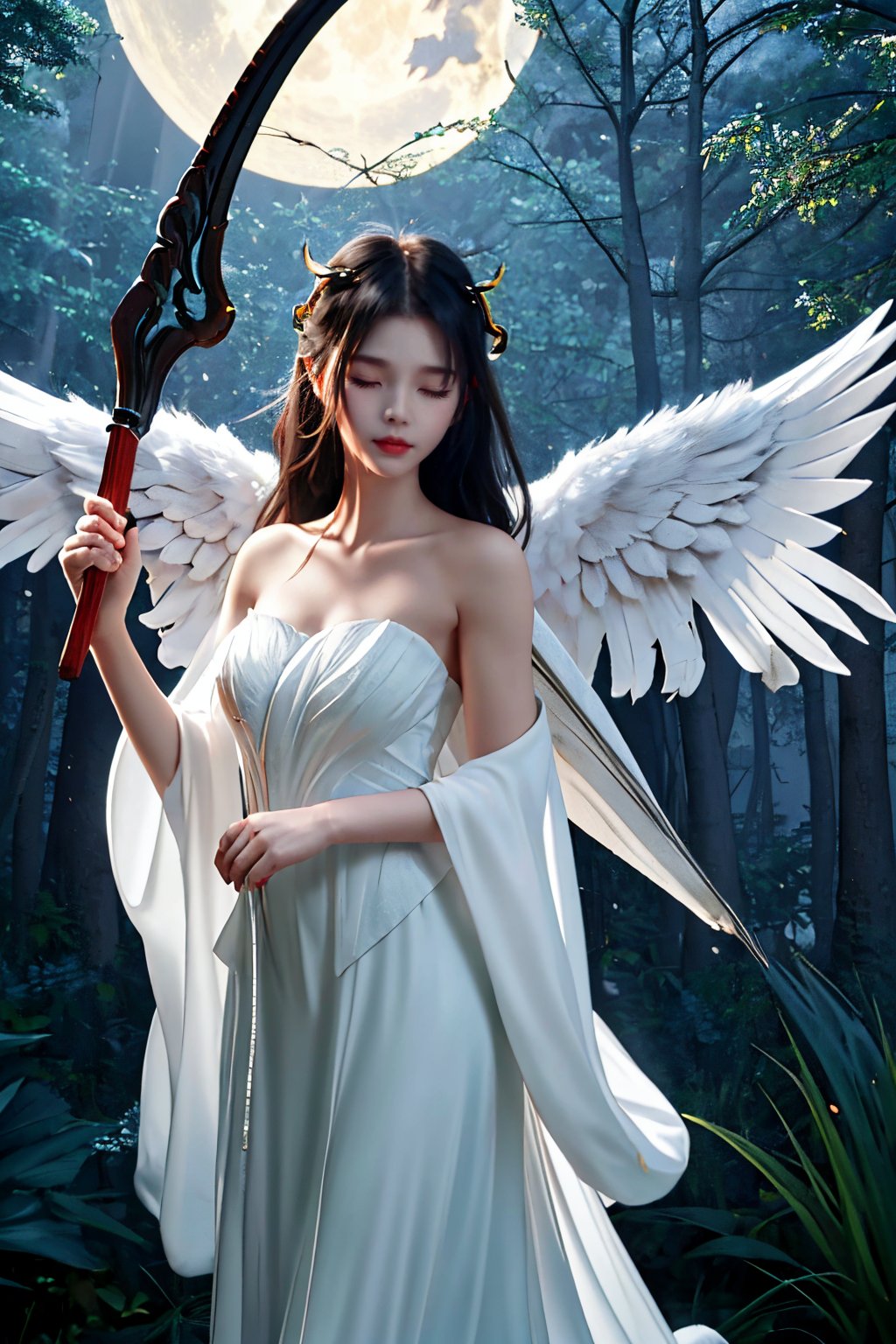 huiren01,1girl,wings,halo,long hair,solo,dress,angel,angel wings,holding,white dress,black hair,bare shoulders,scythe,feathered wings,nature,forest,staff,closed eyes,strapless dress,strapless,weapon,<lora:guiren1.5:0.8>,, masterpiece, best quality,