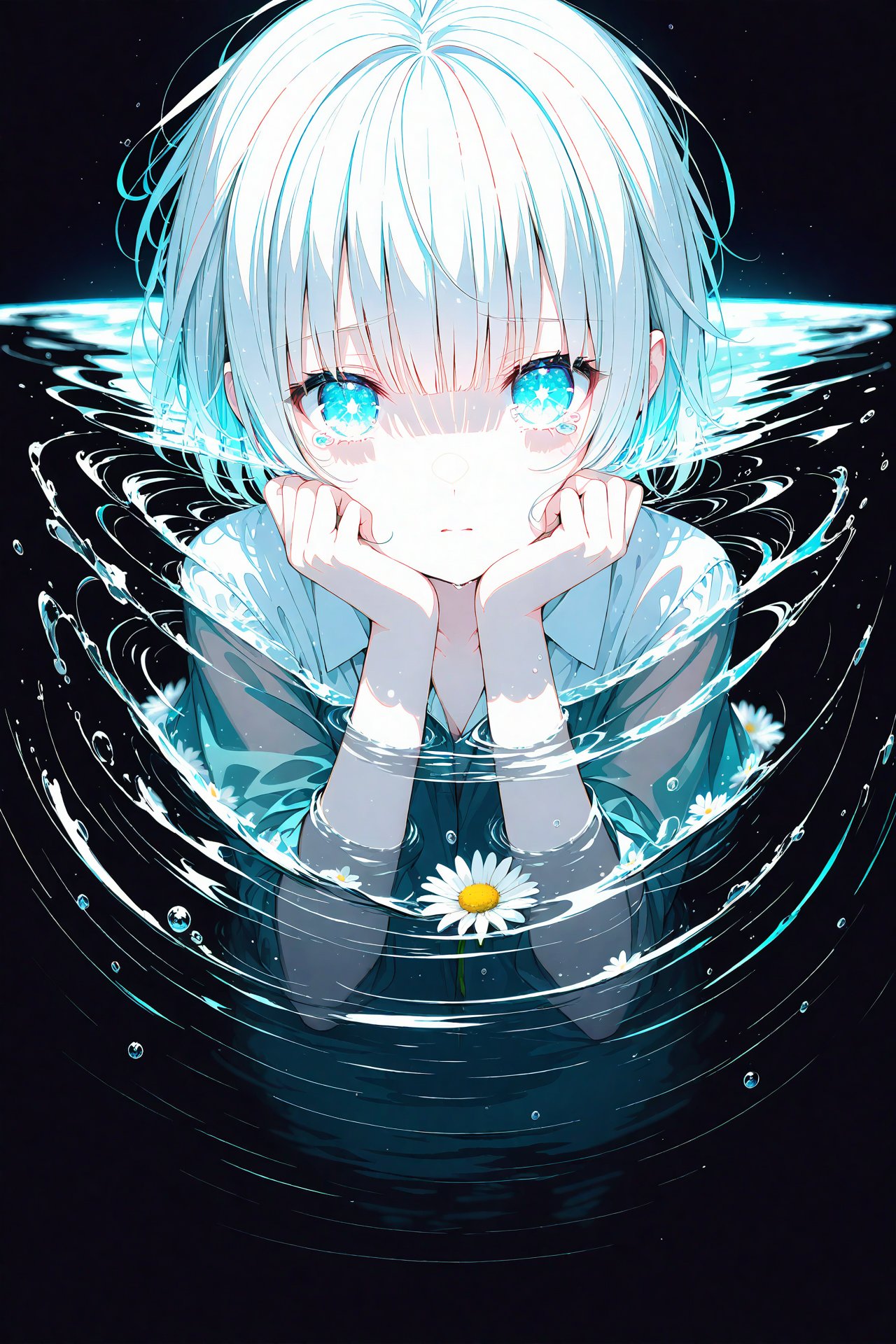 (masterpiece),(best quality),illustration,ultra detailed,hdr,Depth of field,(colorful),loli,(chromatic aberration),(beautiful young female:1.4),(streaming tears),sad,(daisy),(daisy),(daisy),looking at viewer,partially submerged,both hands on own cheek,{see-through long shirt},{no bra},(white hair, short hair, bangs:1.2),(glowing eyes),ripples,dark water,black background,(prismatic),