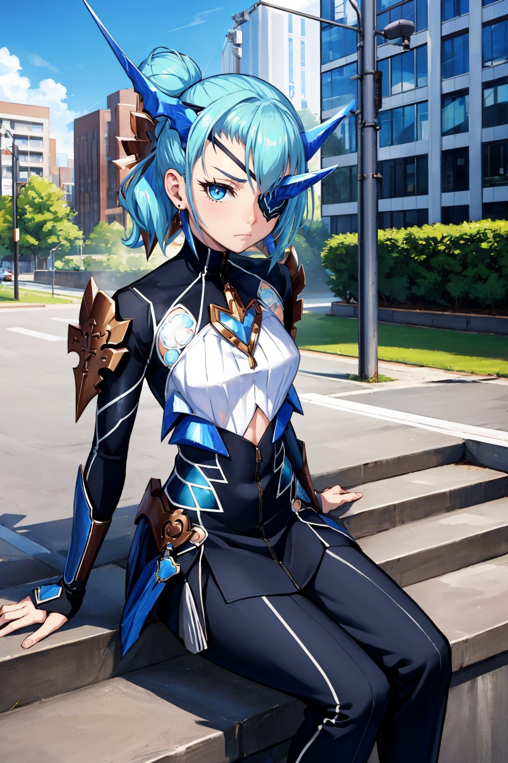 masterpiece, best quality, 1girl,  <lora:xctheory-nvwls-v1-000009:0.9> xcTheory, single hair bun, horns, hair ornament, eyepatch, bodysuit, armor, black pants, sitting, stairs, city, blue sky, looking at viewer, frown
