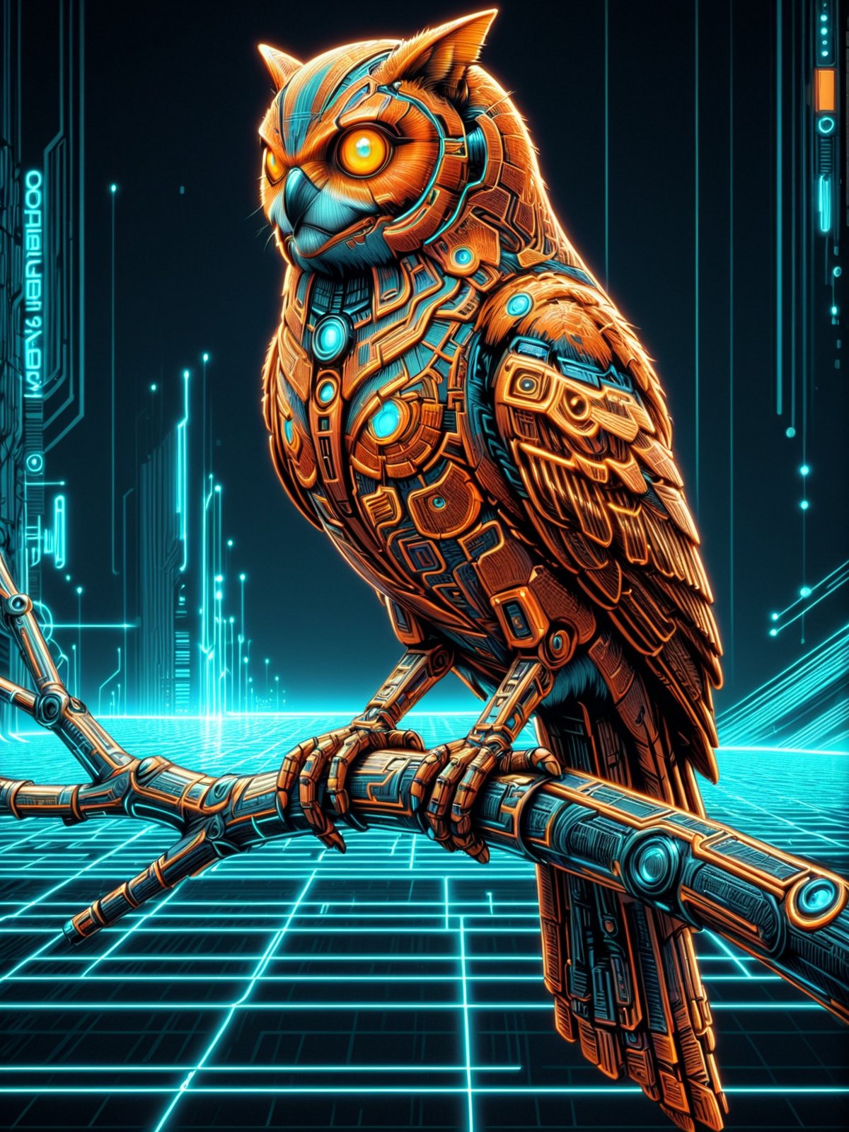 owl perched on branch, orangecoloring, grid, cyberpunk, 1980s, retro, scifi <lora:Neon_Cyberpunk_SDXL_-_Cyberspace:1>, (masterpiece:1.2), best quality, (hyperdetailed, highest detailed:1.2), high resolution textures