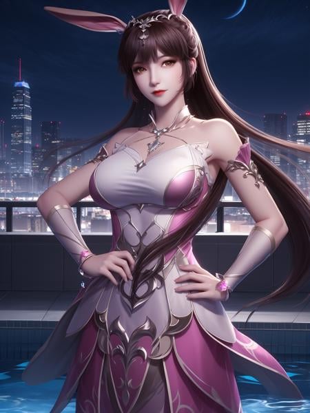 DLDLxiaowu, 1girl, brown hair, rabbit ears, ponytail, solo, dress, long hair, hair ornament, metal collar, looking at viewer, shiny hair, closed mouth, <lora:DLDLxiaowuYSY1228:0.75>,cityscape, night, pool,mature female, 