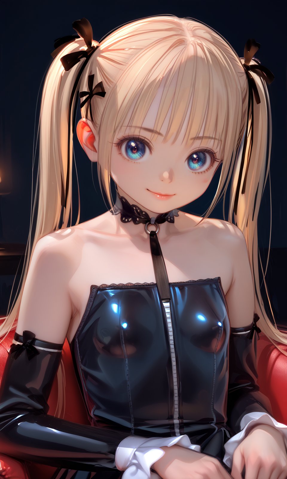 score_9, score_8_up, score_7_up, score_6_up, nyatabe, BREAK1girl, marierose, bangs, bare shoulders, black ribbon, blonde hair, blue eyes, blush, (medium breasts:1.2), choker, black dress, closed mouth, collarbone, detached sleeves, eyebrows visible through hair, hair ribbon, long hair, long sleeves, looking at viewer, ribbon, smile, solo, twintails, upper body, v-shaped eyebrows, very long hair,upper body, straight-on,indoors,<lora:MarieRose_Pony:1> <lora:Nyatabe_Pony:1> 