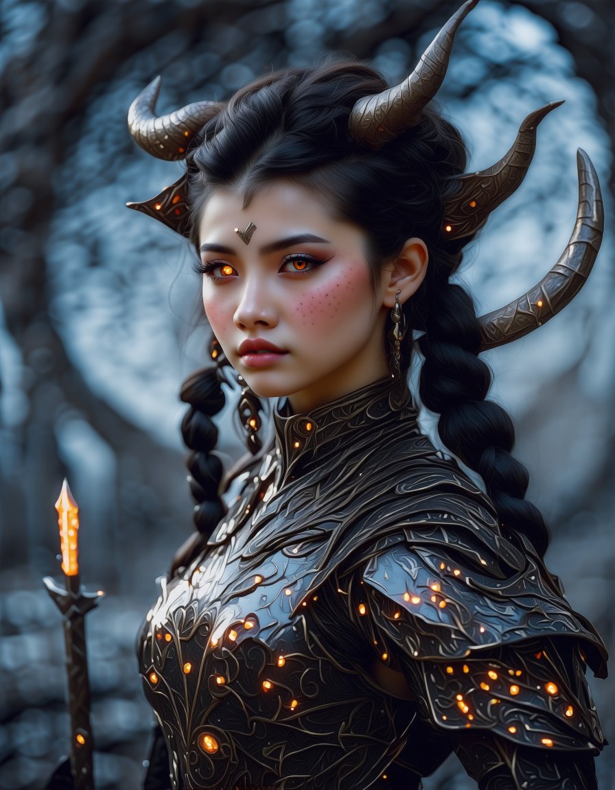 best quality, 4K, 8K, high-resolution, masterpiece, ultra-detailed, photorealistic,  a 3d rendering of a woman with horns on her head, wearing armor and holding a sword in her hand, woman, long hair, looking at viewer, black hair, jewelry, brown eyes, upper body, braid, earrings, horns, pointy ears, armor, orange eyes, lips, makeup, bodysuit, facial mark, freckles, hoop earrings, forehead mark,