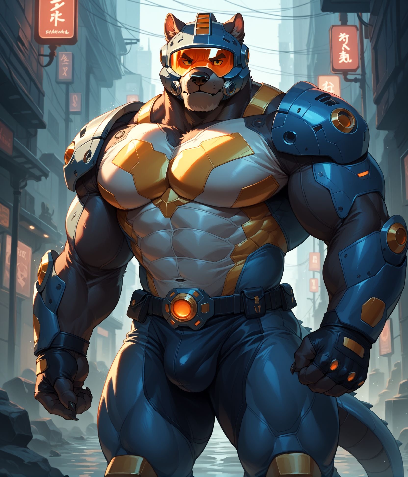 score_9,score_8_up,score_7_up,score_6_up,furry,kemono,high quality,tail,rating_explicit,embedding:zPDXL3 BREAK male furry,(bara),huge plump Chest Muscles,perfect anatomy,Image depicts a futuristic, cyberpunk-style warrior standing in a neon-lit urban environment. The subject is clad in an elaborate, dark armored suit with intricate details and glowing gold accents. The helmet features sharp, angular designs with a menacing, visor-covered face. The armor includes various technological components in white and gold on the chest and arm. the overall aesthetic is dark and imposing. The background showcases a rainy city. Black Smoke emanating from behind ,high-rise,tights,sfw