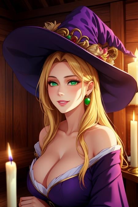 beautiful detailed portrait, motherly beautiful adult mature magician woman, long lush flowing blonde hair, beautiful detailed face, delicate oval face, big kind green eyes, delicate nose, delicate lips, kind loving smile, beautiful purple magician's robe, big purple witch hat, wooden cabin interior, candle lit room, best quality, extremely detailed