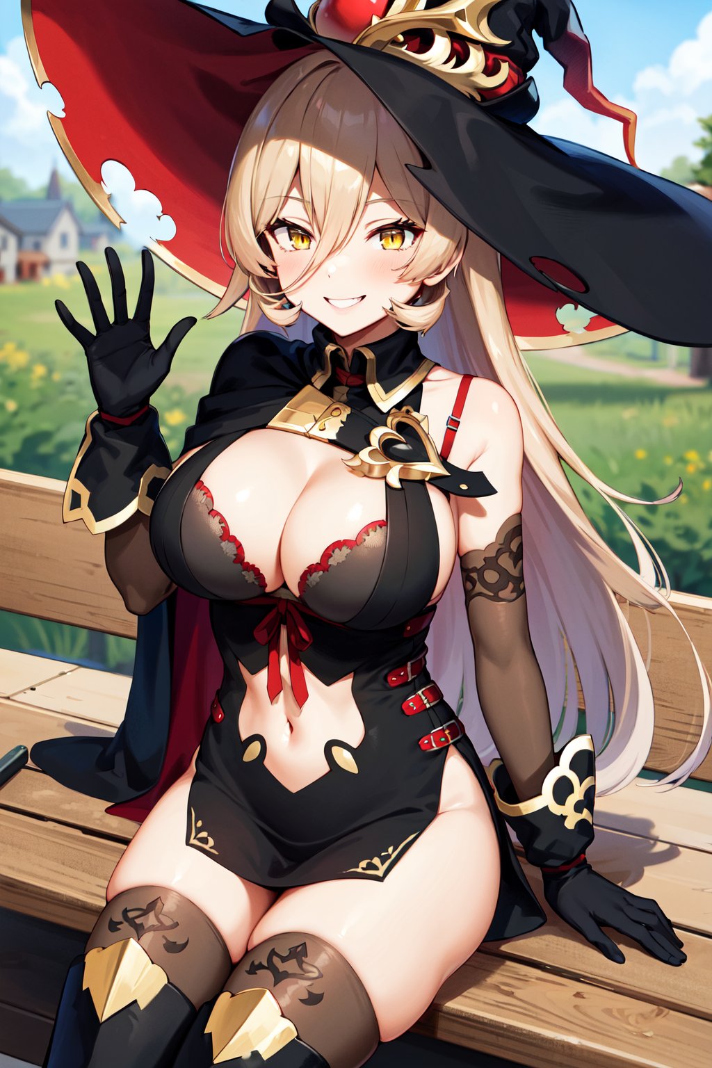 masterpiece, best quality, highres, aanui, long hair, blonde hair, hair between eyes, yellow eyes, witch hat, black headwear, cape, cleavage, bra, clothing cutout, black dress, navel cutout, elbow gloves, black gloves, black thighhighs, thigh boots, <lora:nui_sociere_v1:0.7>, sitting, waving, town, bench, smile, 