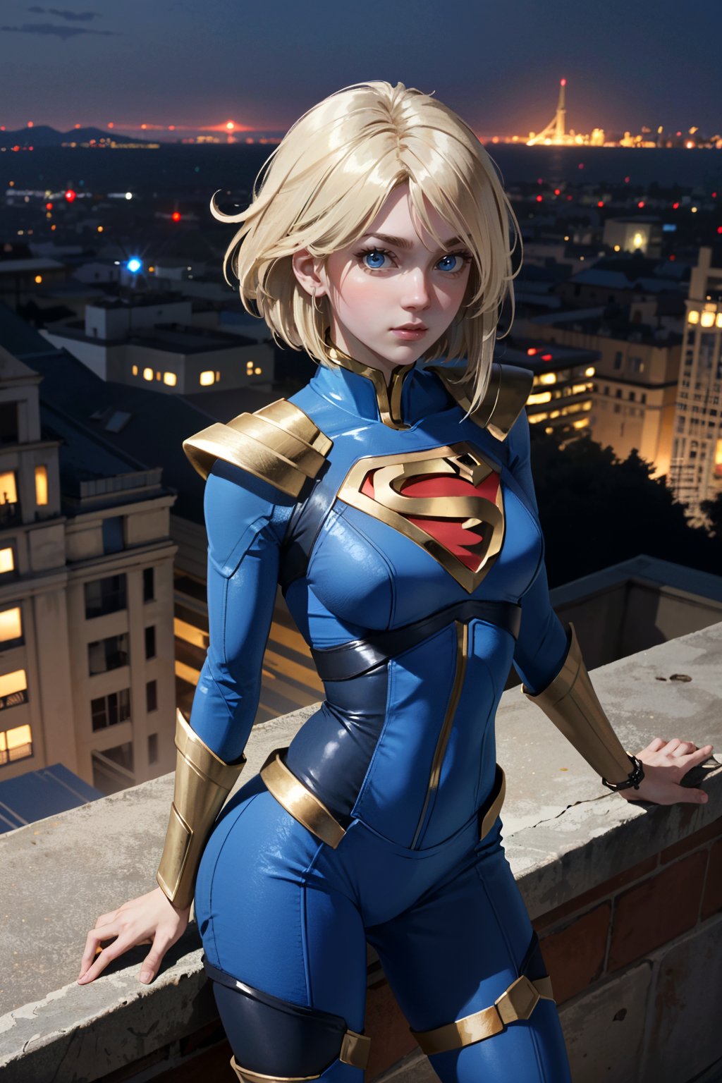 ((ultra detailed, masterpiece, absurdres)) <lora:I2SGirl:0.8>I2SGirl, medium hair, blonde hair, blue eyes, overlooking the city from a rooftop bar at night, chic outfit, standing