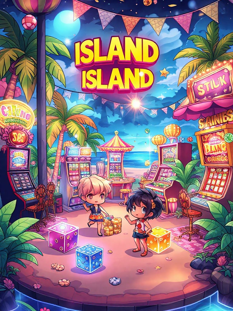 album_cover, Chibi characters in a vibrant, fantasy island casino, surrounded by palm trees, slot machines, and magical glowing dice. The scene is filled with bright lights, tropical flowers, and playful, whimsical elements. The atmosphere is a blend of a magical wonderland and a lively gaming environment <lora:lora_schnell_1:1>