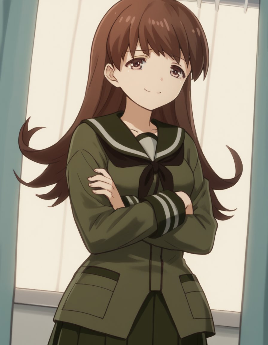 score_9, score_8_up, score_7_up, source_anime, <lora:kacolle-ooi-s1-ponyxl-lora-nochekaiser:1>, ooi, long hair, brown hair, brown eyes, ooi (kancolle), skirt, school uniform, pleated skirt, serafuku,, hospital room, bedside, get well flowers, comforting, quiet, smile, , crossed arms, smile, smug, solo,, cowboy shot, dutch angle